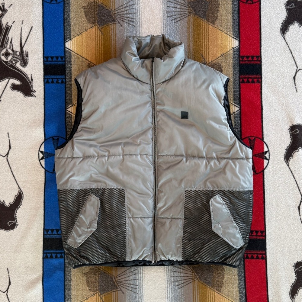 Marithe Francois Girbaud Mens Silver Puffer Vest Mesh Pockets XXL Y2K Streetwear
